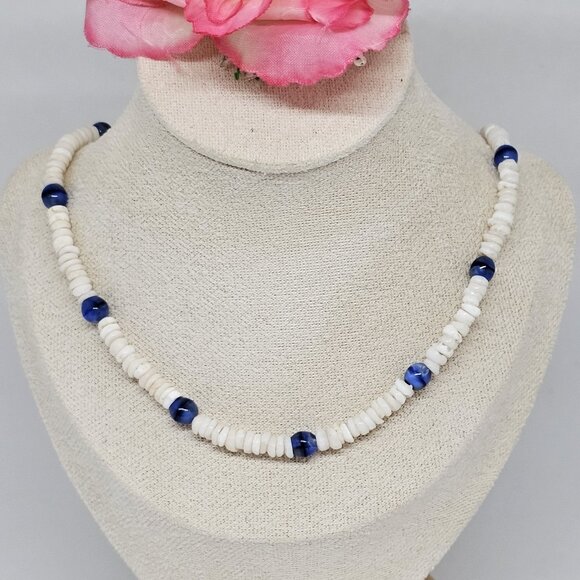 Real White Puka Shell Blue Glass Bead Necklace Surfer Choker 18" Surf Boho - Picture 5 of 9